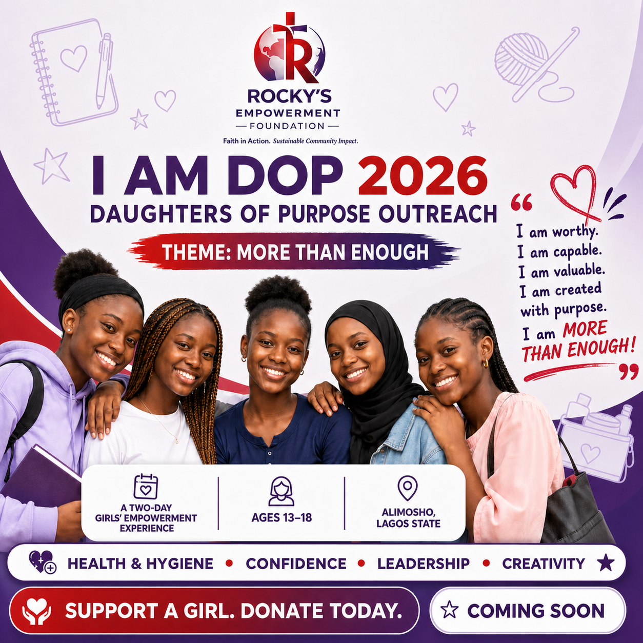 I AM DOP 2026 Daughters of Purpose Outreach for girls ages 13 to 18